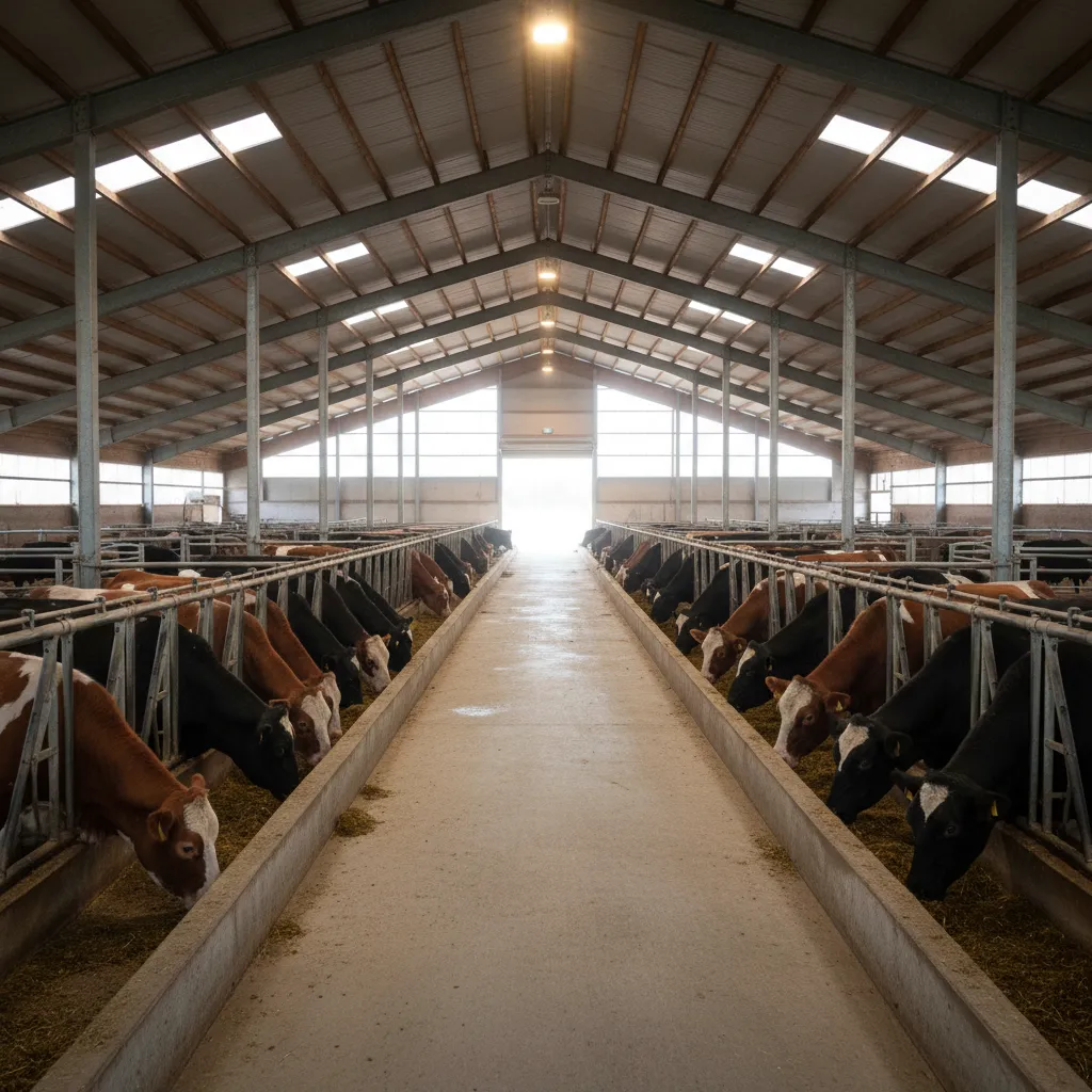 beef steers eating along a long feed bunk in barn layout