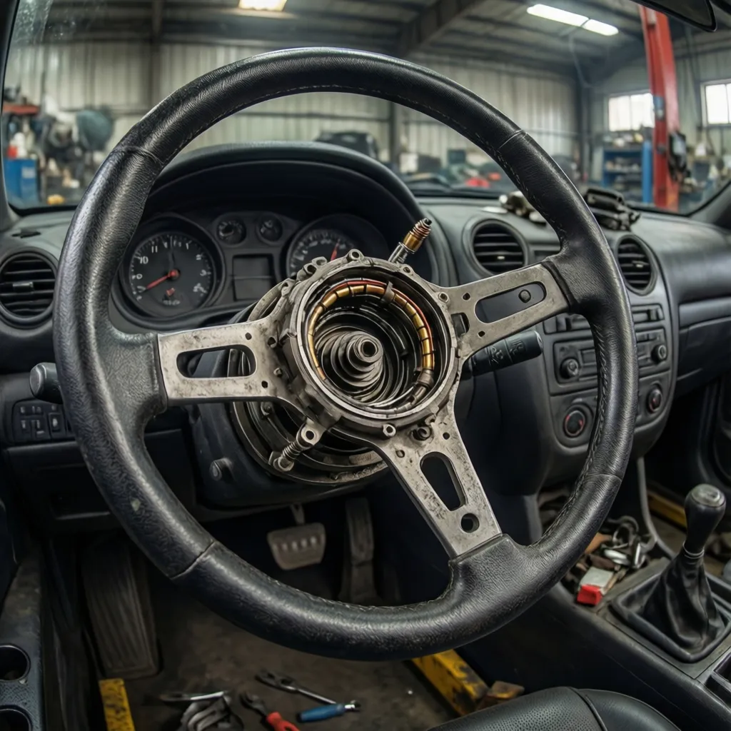 Steering wheel removed showing clock spring component