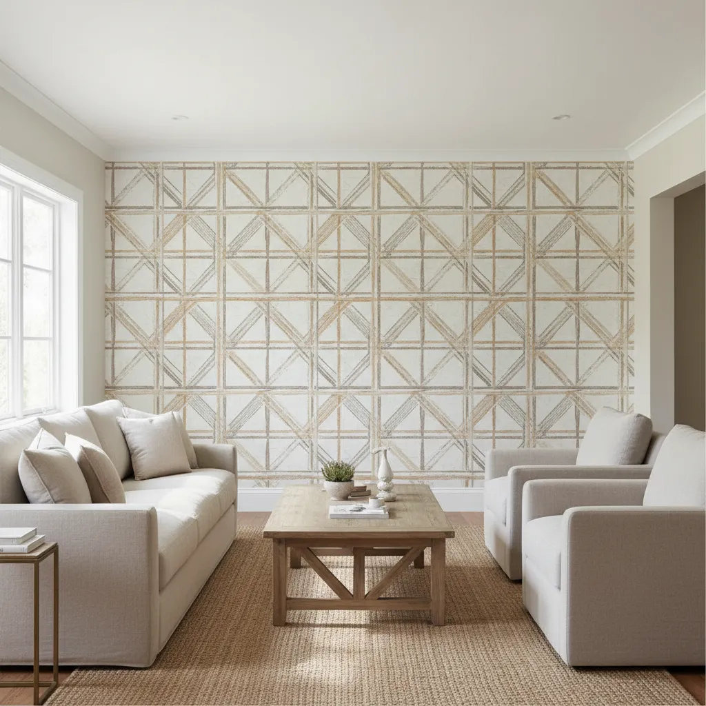 wall with repeating stencil pattern inspired by woven fabric textiles