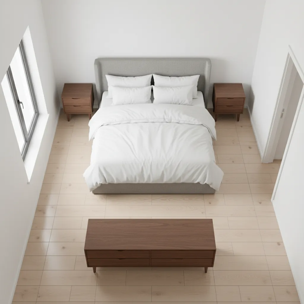 bedroom furniture placement planning with bed dresser and walking path