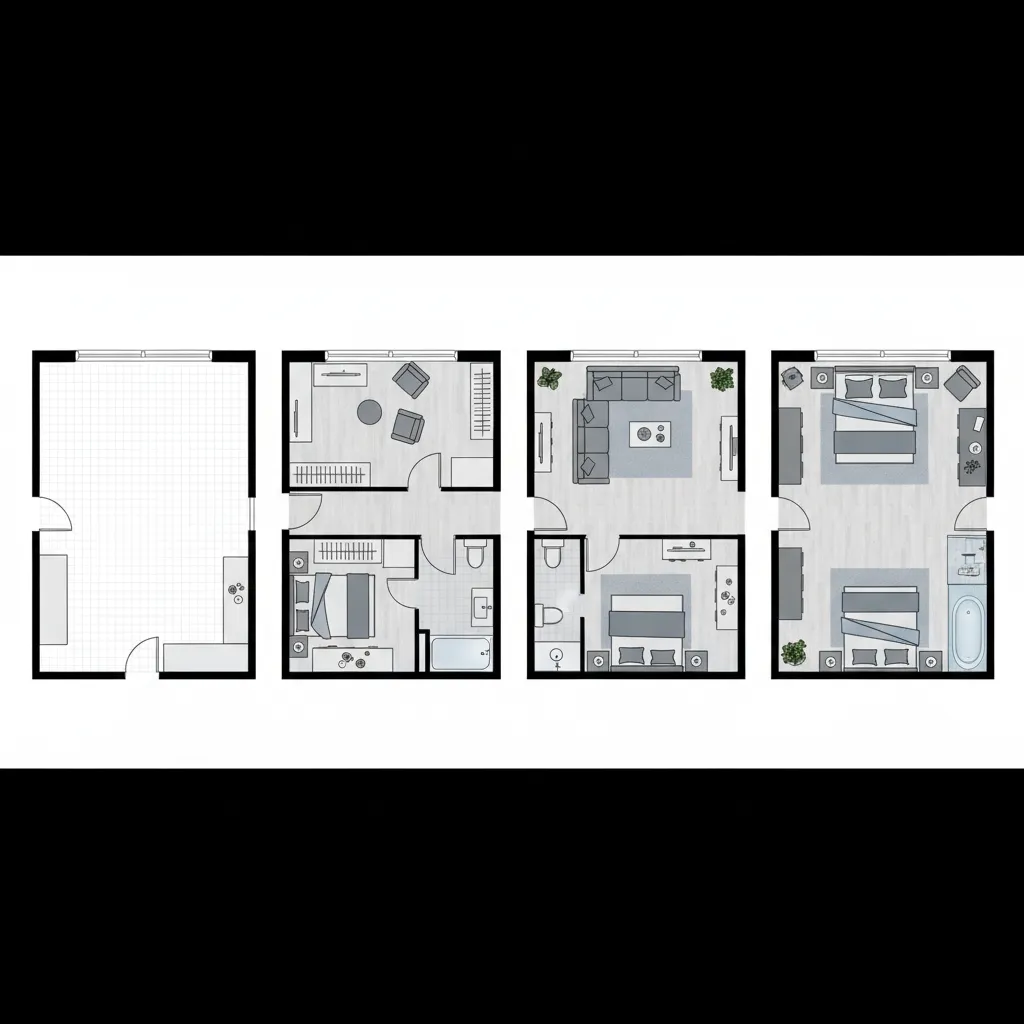 Step by step visual process of creating a digital house floor plan layout
