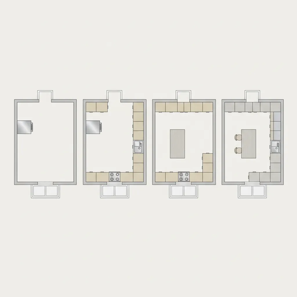 Step by step kitchen floor plan drawing with cabinets appliances and island