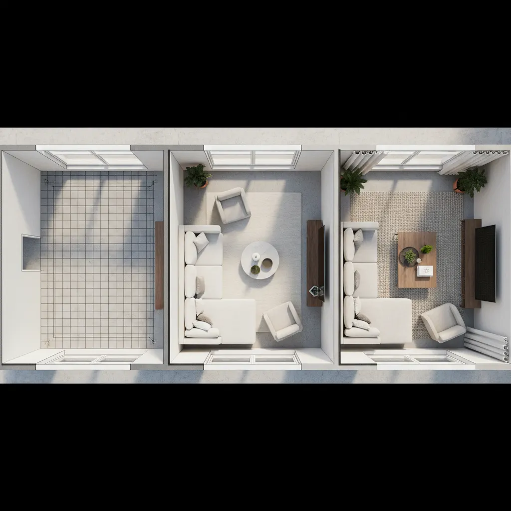 Step by step interior layout planning from empty floor plan to furnished room
