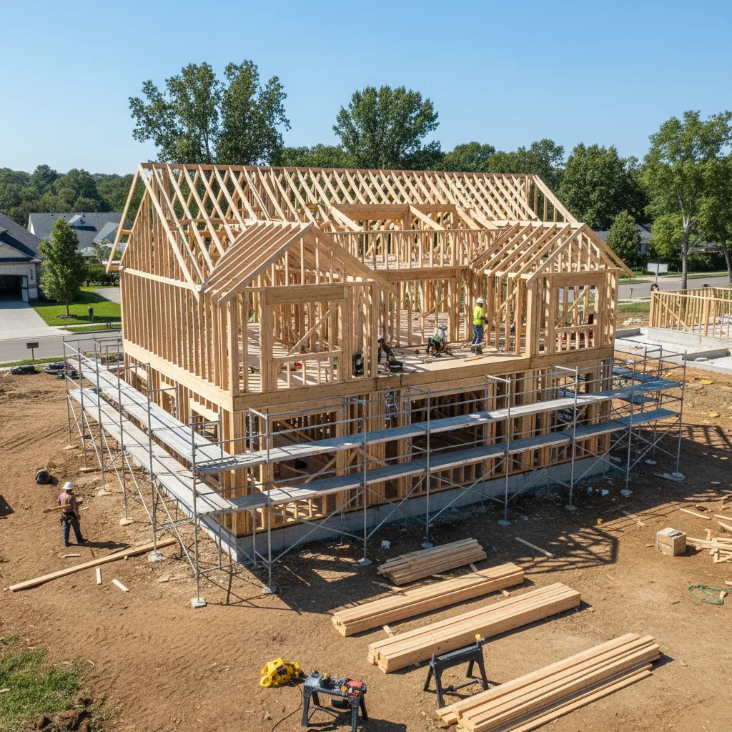 Wood framing structure of a large stick-built house under construction