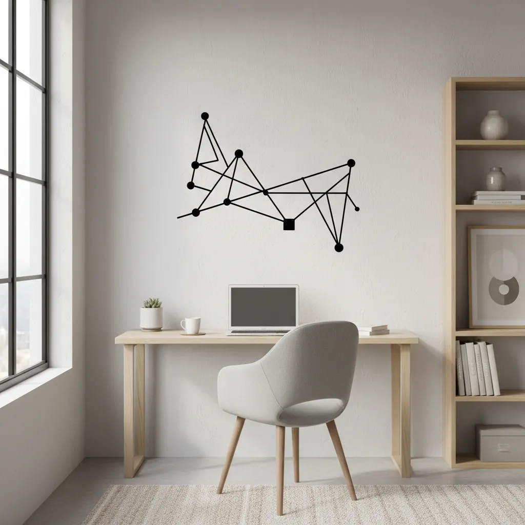 Oficina en casa con sticker decorativo minimalista en la pared