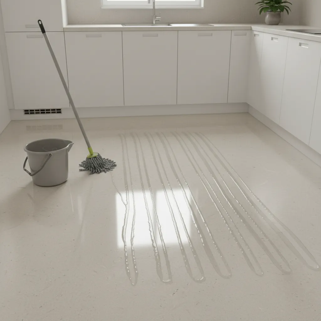 sticky residue visible on linoleum floor after mopping