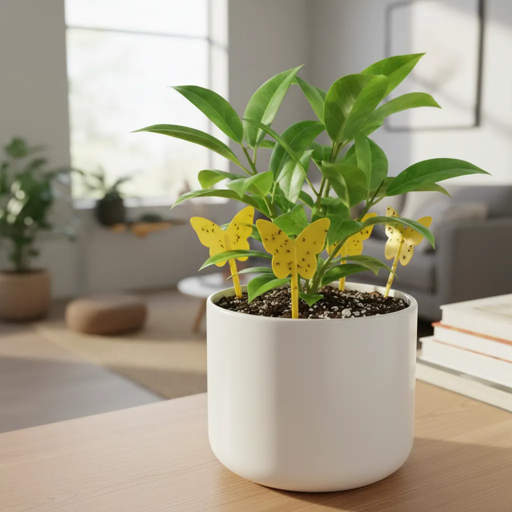 Yellow sticky traps placed in a houseplant pot catching fungus gnats