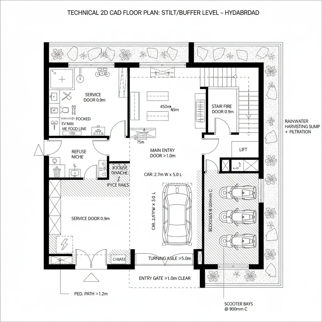 Technical room layout showing ground floor parking garage with one car and three small scooters