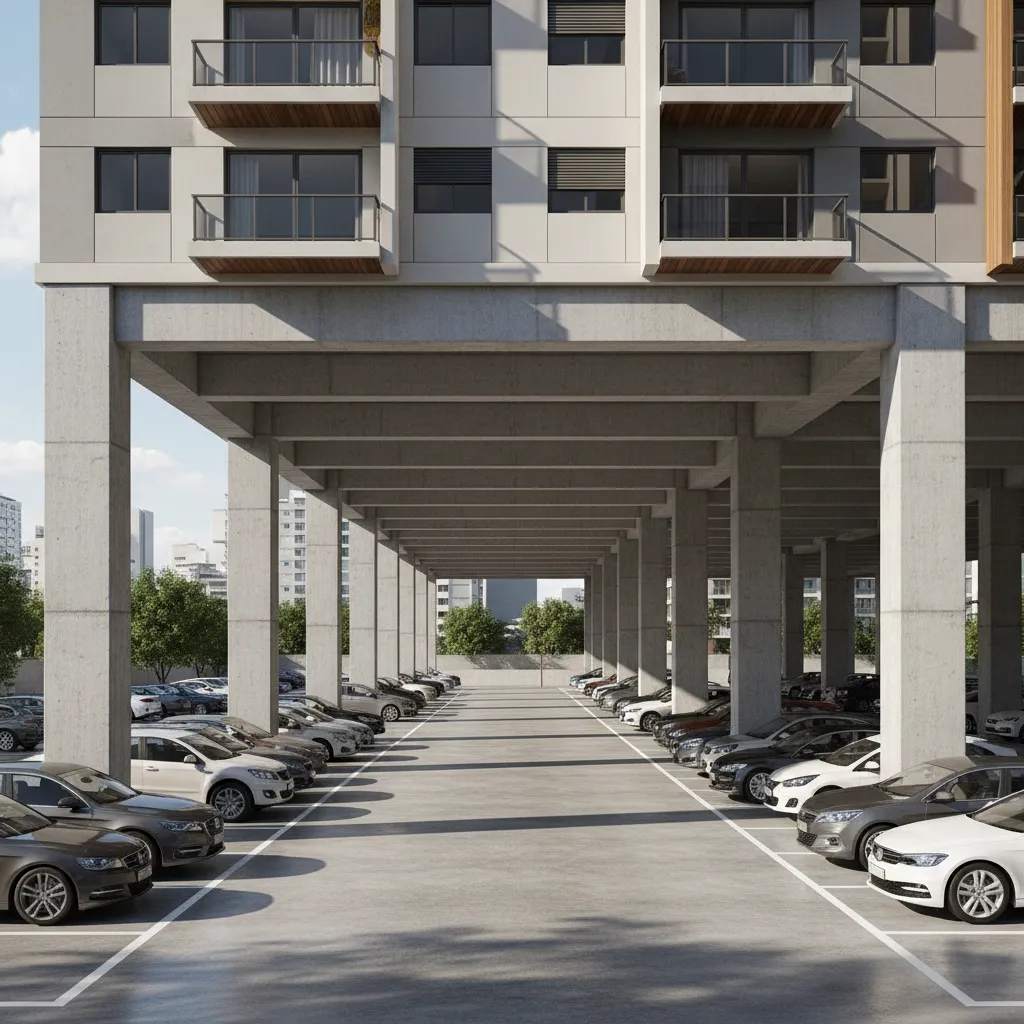 Apartment building ground level with open stilt parking supported by concrete columns