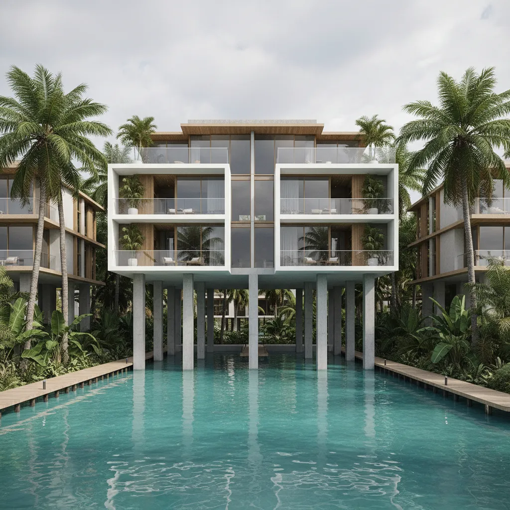 Elevated residential building with stilt floor protecting homes from flood water