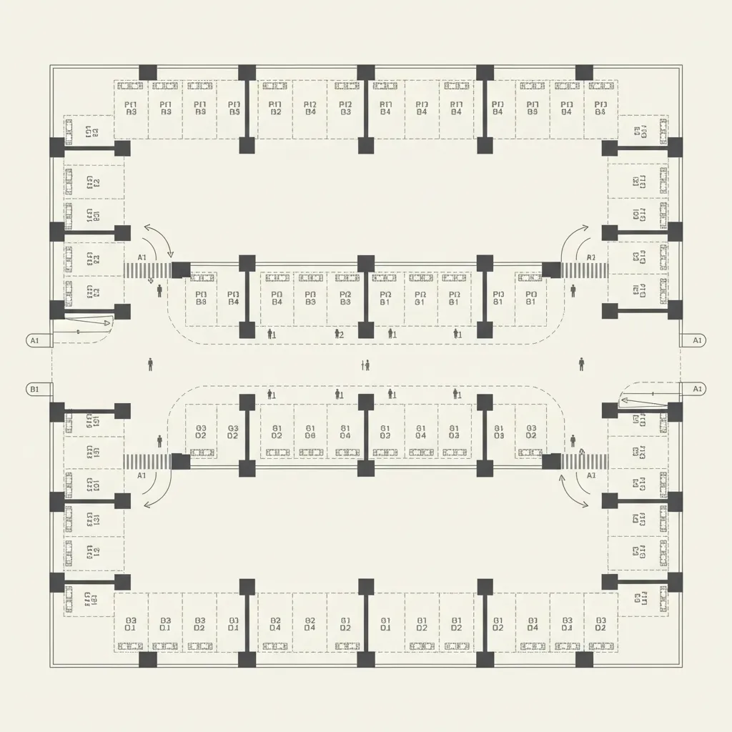 Architectural layout showing vehicle circulation and column grid in a stilt parking floor