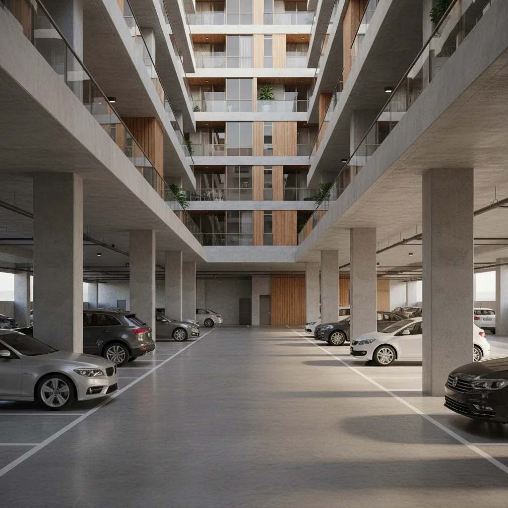 open stilt floor parking area supported by concrete columns in residential building
