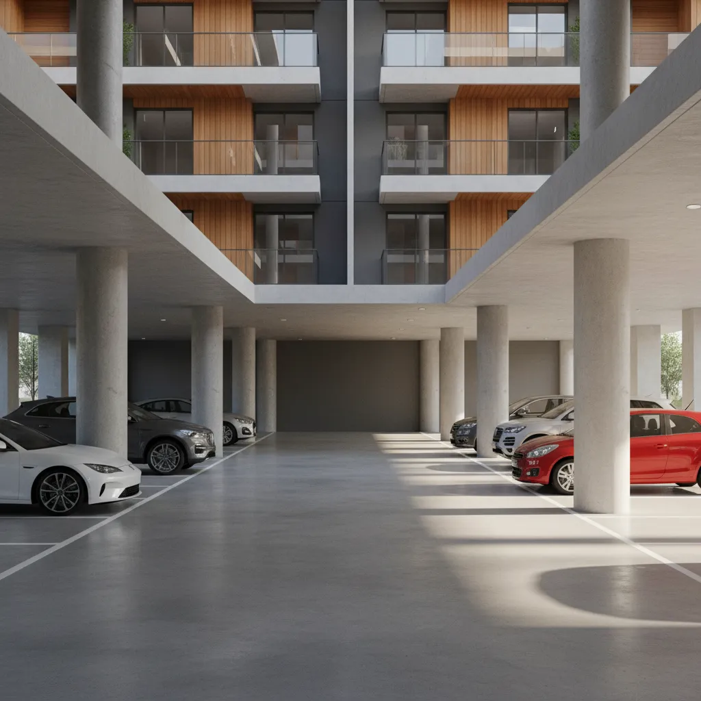Open stilt floor parking structure under residential building