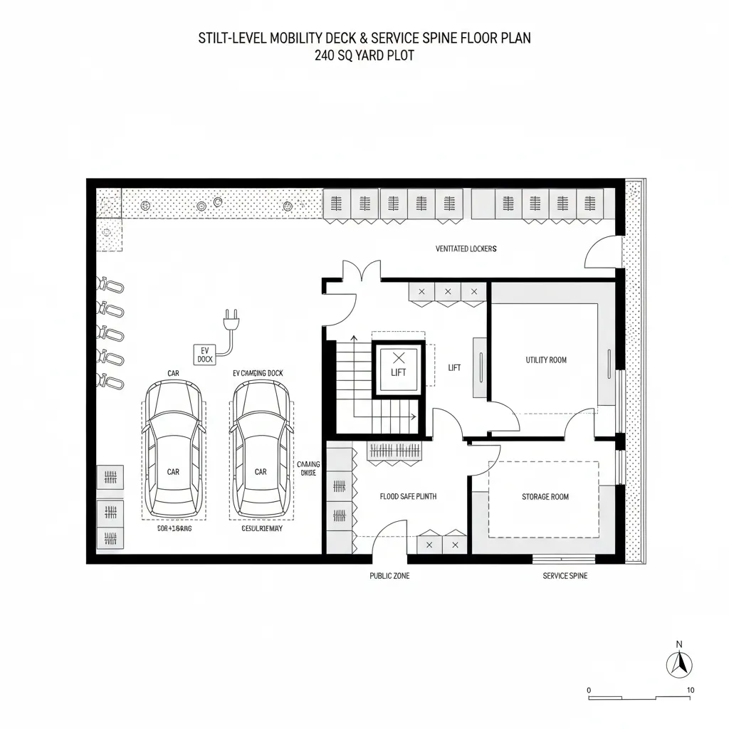 Top-down CAD plan of stilt mobility deck and service spine