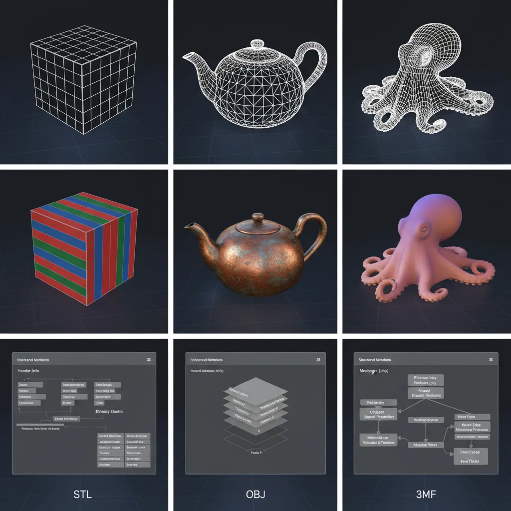 Visual comparison of STL OBJ and 3MF 3D model structures