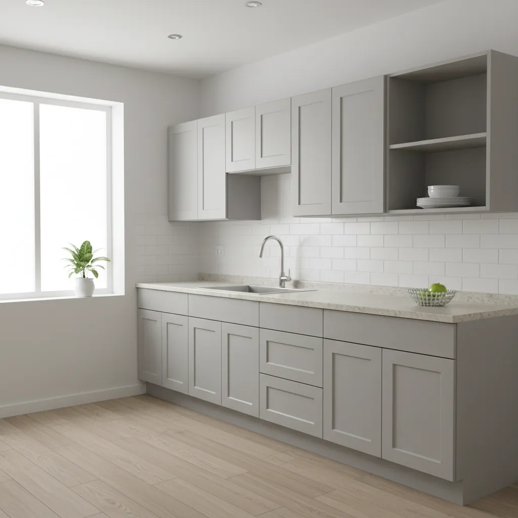 example of stock kitchen cabinets with simple layout and basic finishes