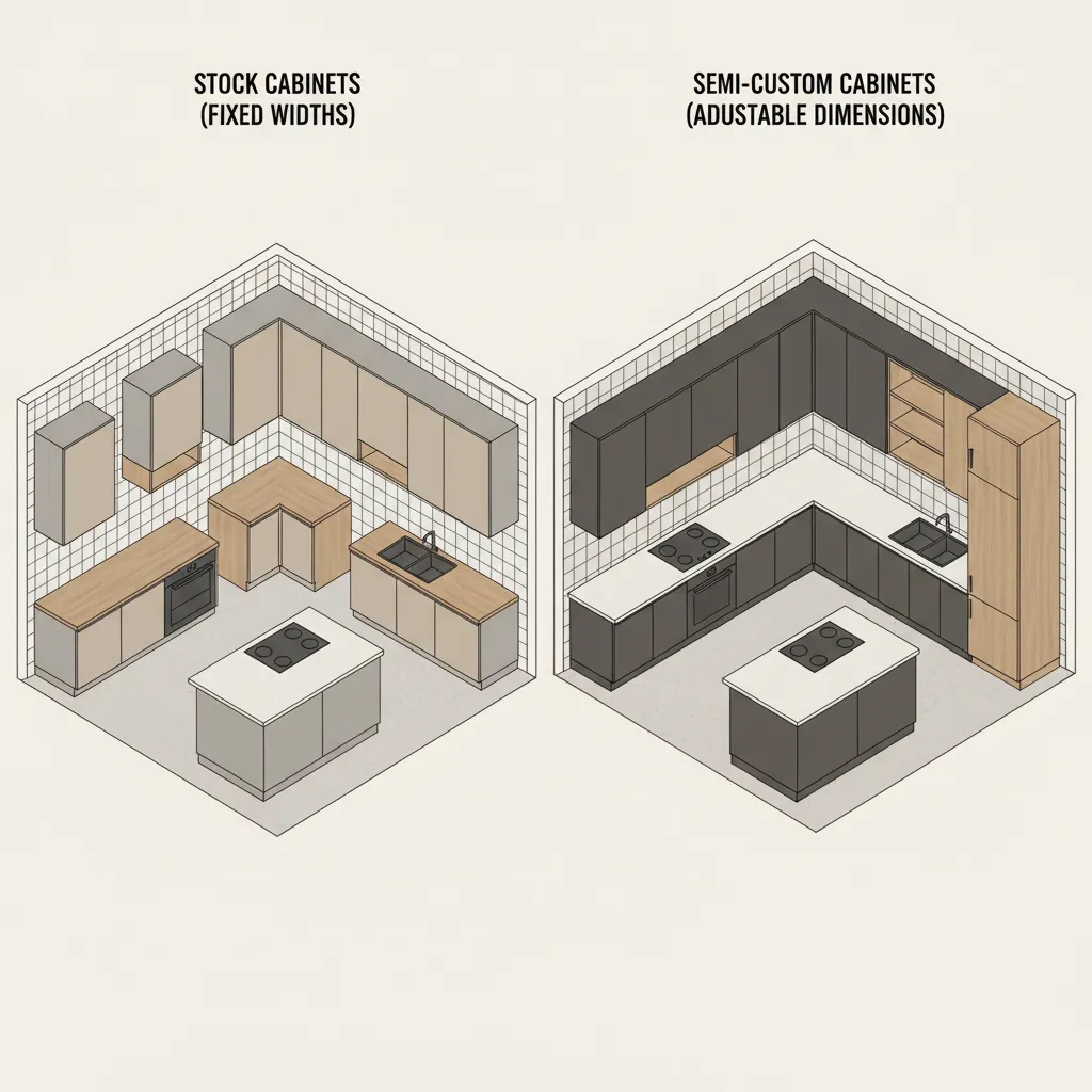 Visual comparison of stock cabinets and semi custom cabinet size adjustments