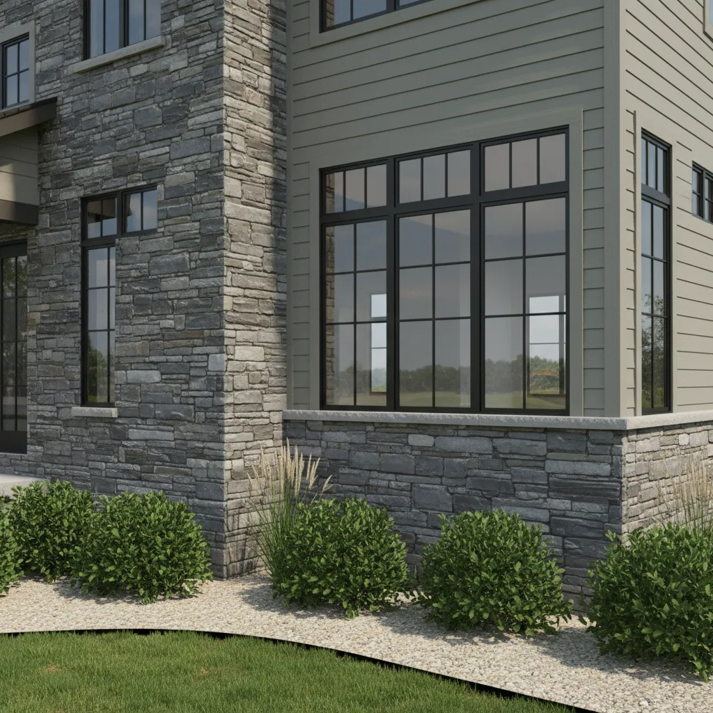 Modern rustic home exterior with gray stacked stone and neutral siding