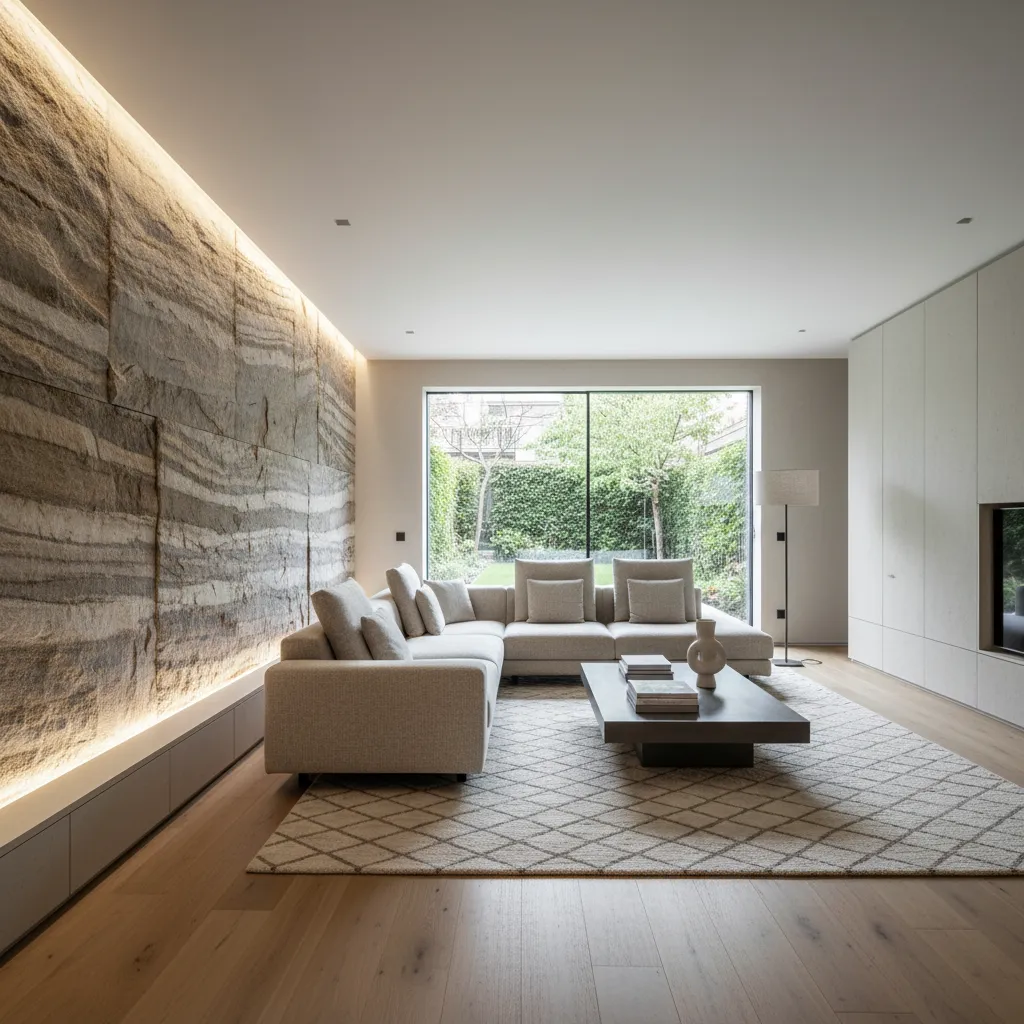 Modern living room with a textured stone wall beige sofa patterned rug and large windows