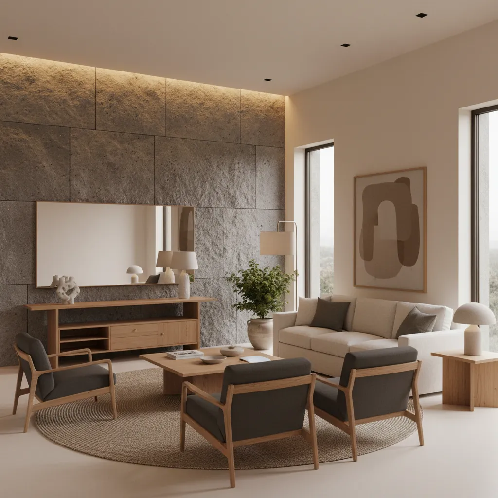 Salón moderno con una sola pared de piedra y decoración minimalista