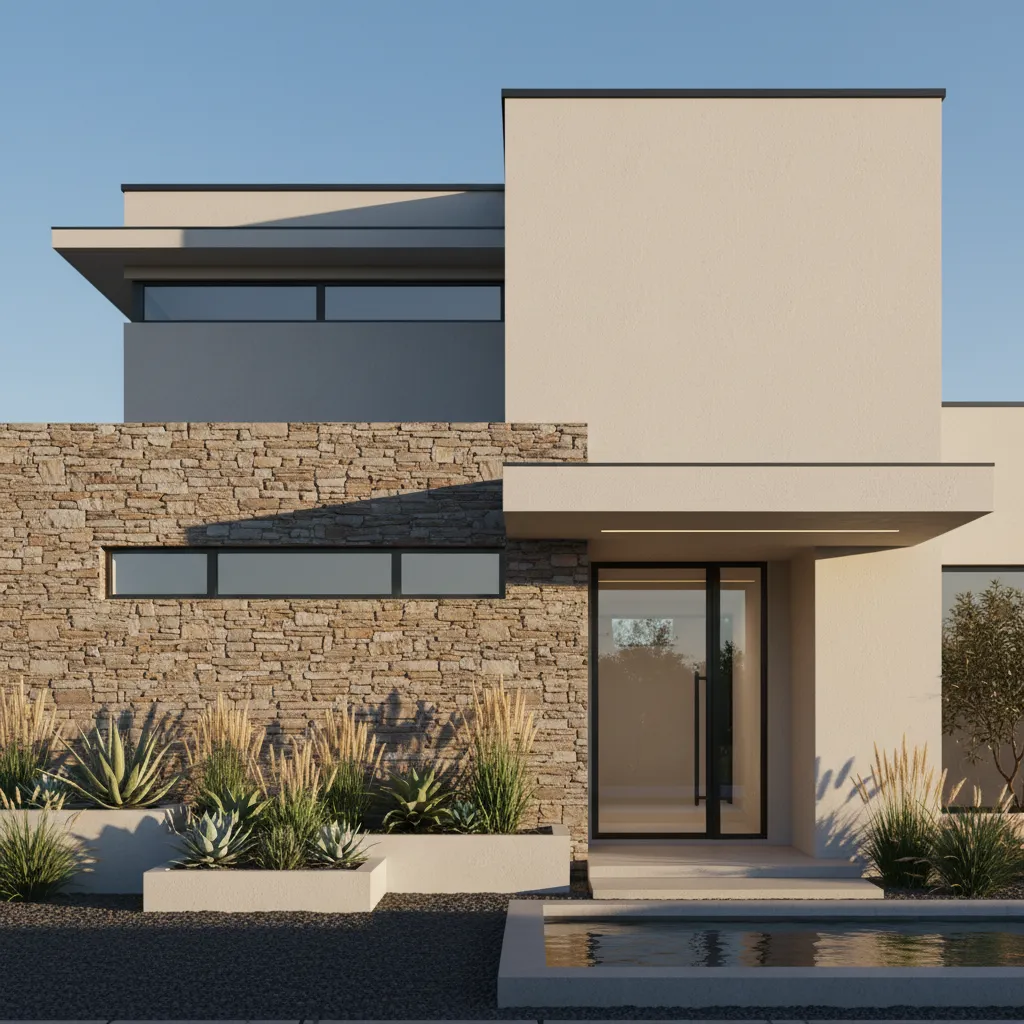 House facade combining natural stone and smooth plaster textures
