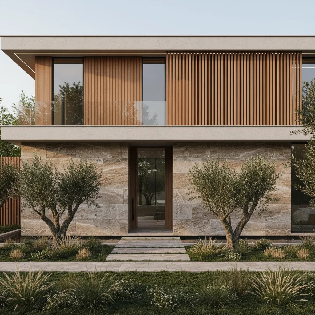 Fachada de casa combinando piedra y madera