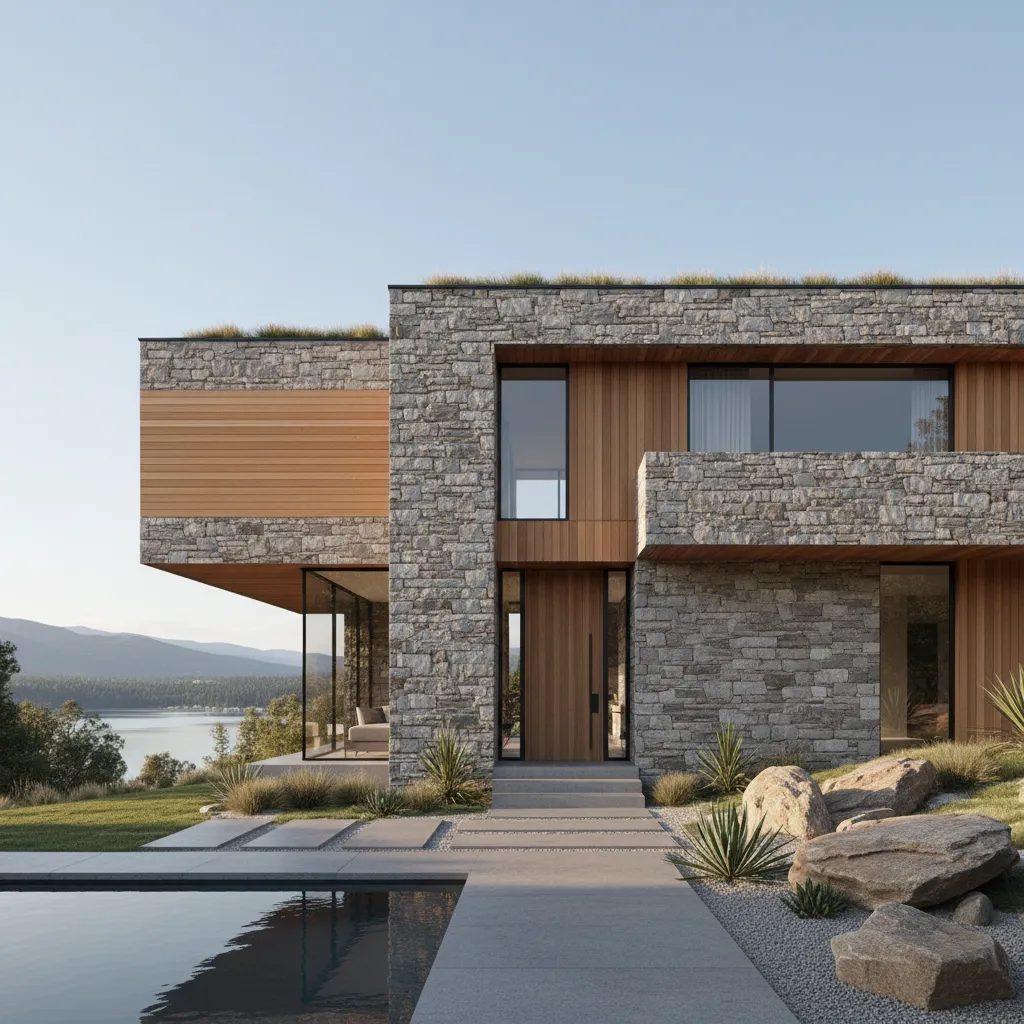 Casa moderna combinando piedra y madera