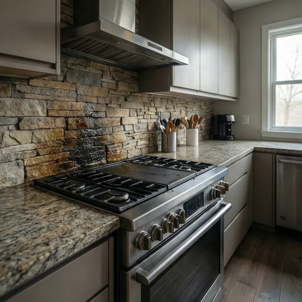 Stone kitchen backsplash installed behind cooktop with visible grease splatter zone