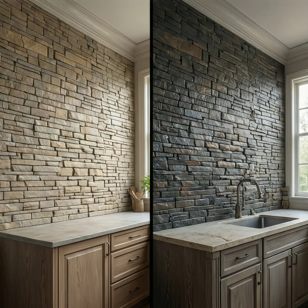comparison of grout colors with stone backsplash tiles