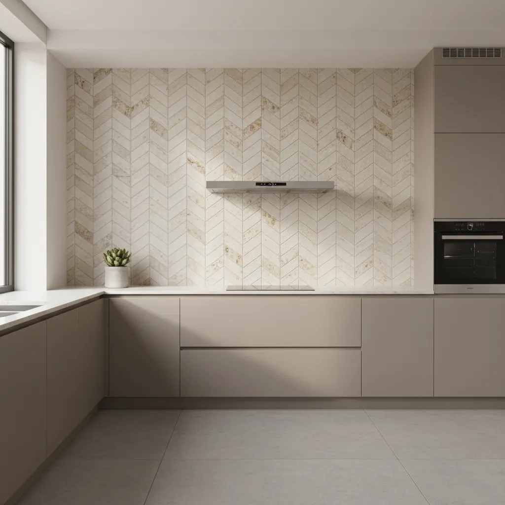 stone tile backsplash installed in herringbone pattern in modern kitchen