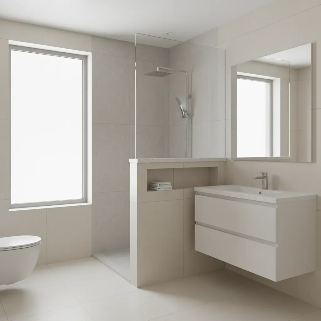 Bathroom pony wall with quartz cap and frameless glass shower panel