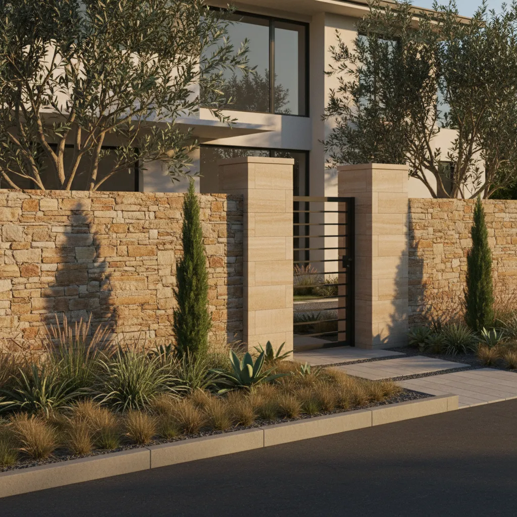 Natural stone compound wall with textured surface
