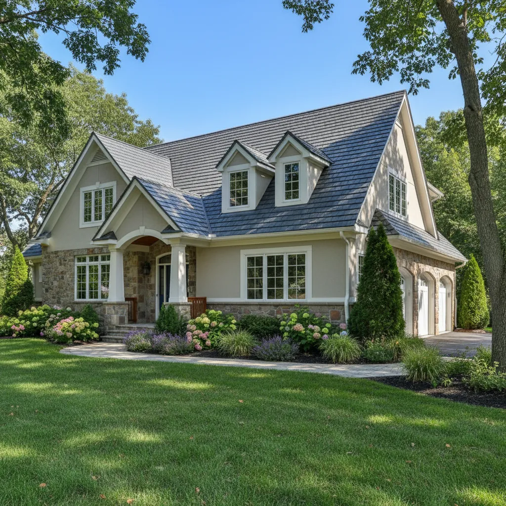 residential house with stone coated metal roofing panels installed