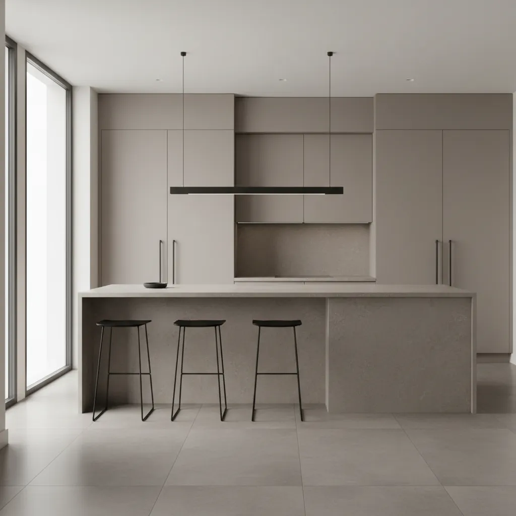 Modern kitchen with concrete and stone color flooring