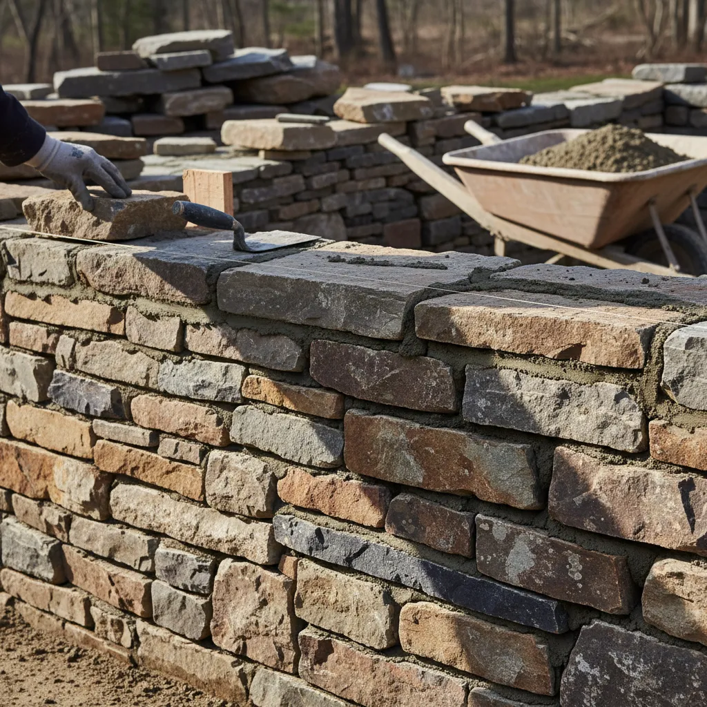 Detalle de construcción de muro de piedra natural en vivienda