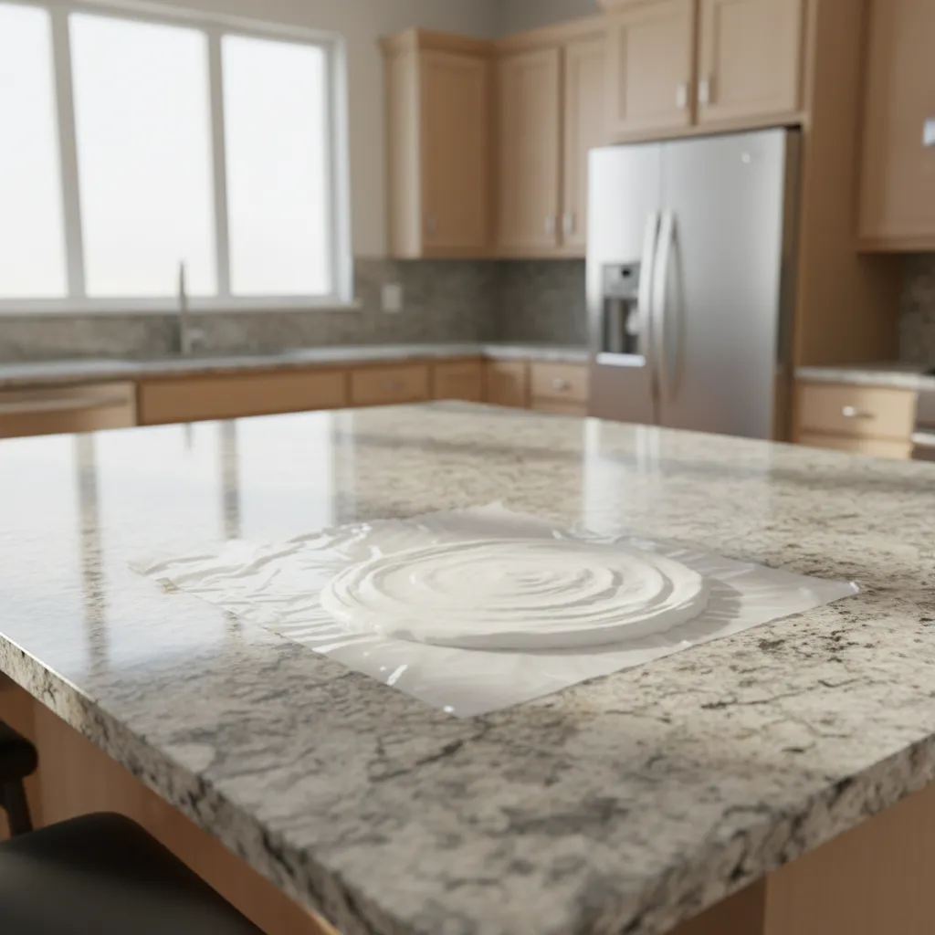 Poultice treatment applied to granite countertop oil stain