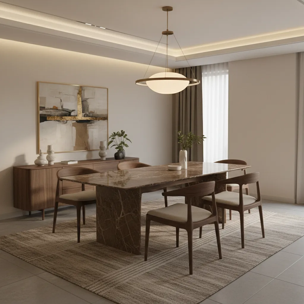 Stylish dining room featuring a brown marble dining table with wood chairs