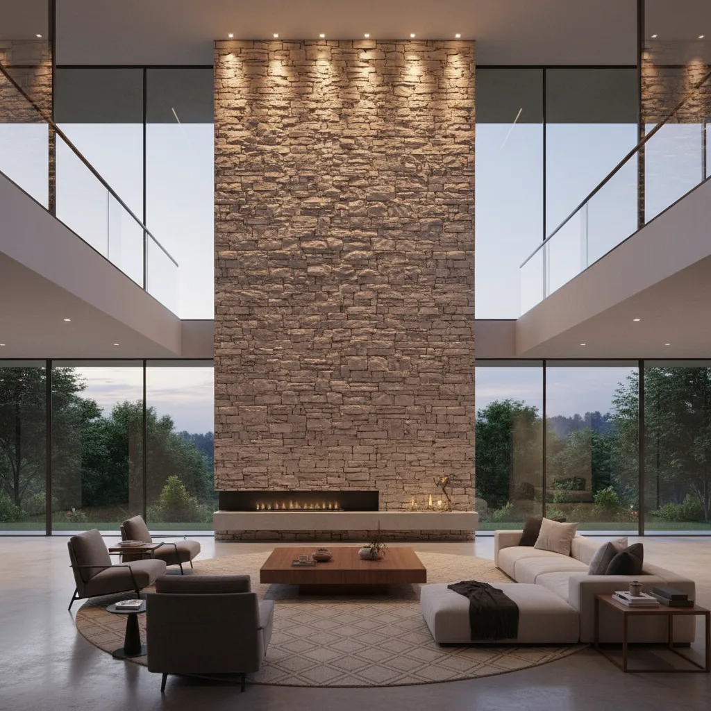 Tall natural stone feature wall in modern living room