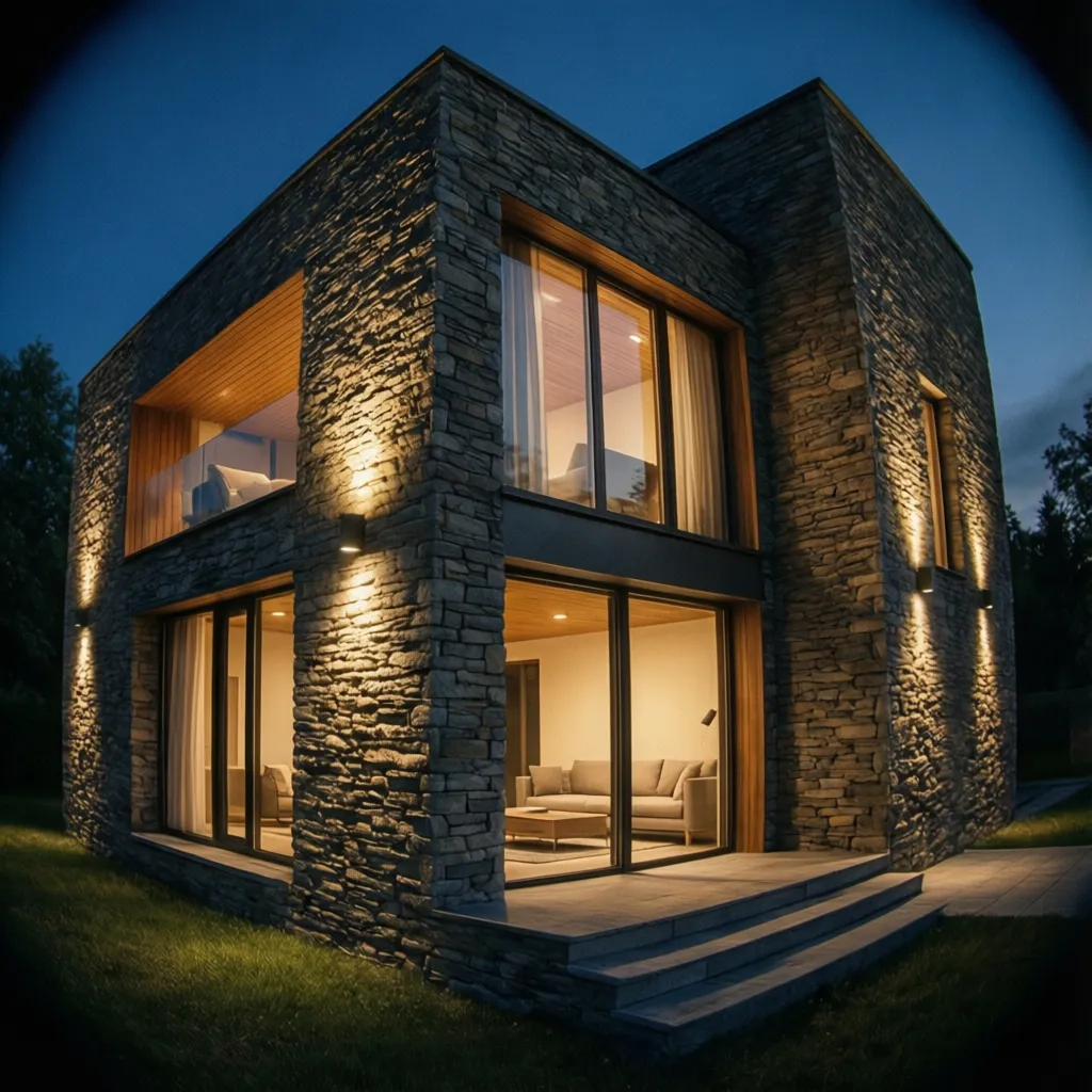 Casa con fachada de piedra iluminada por la noche