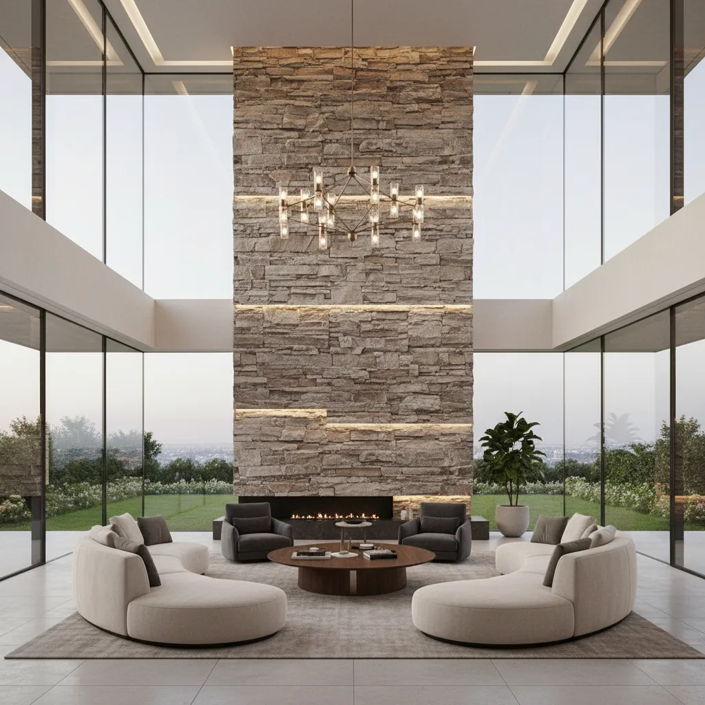 Luxury living room with stone double height feature wall