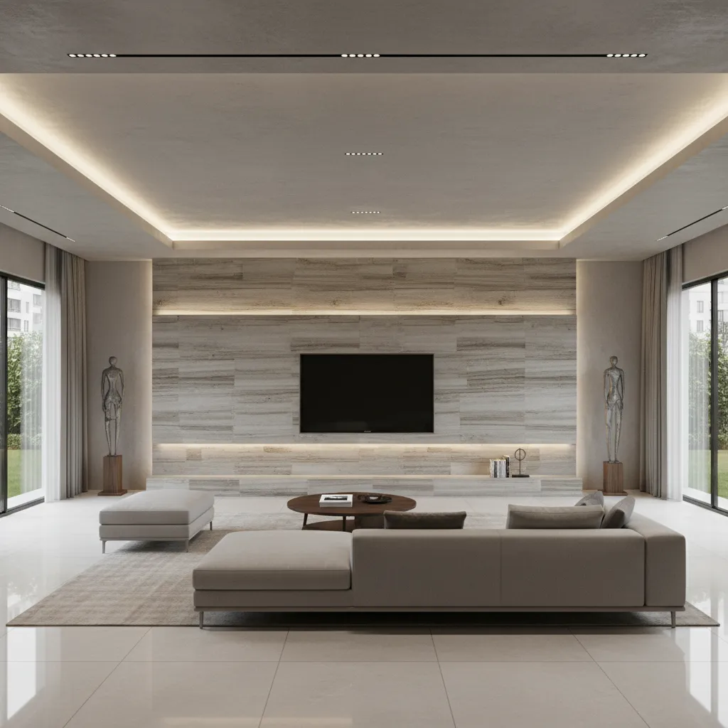 Luxury living hall with stone feature wall and mounted TV