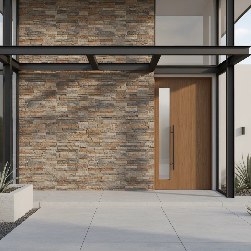 Stone finish exterior tiles used on portico feature wall