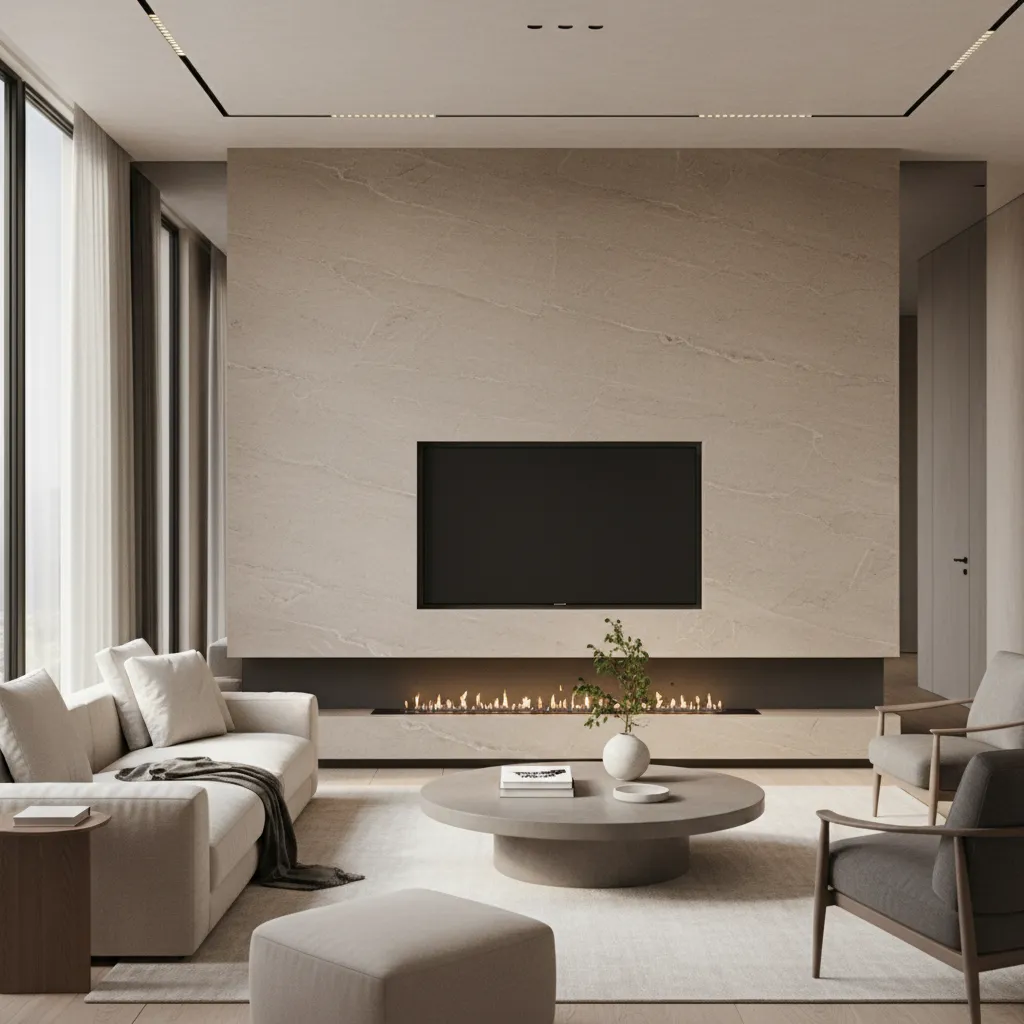 Large stone slab fireplace wall with mounted television in a modern living room