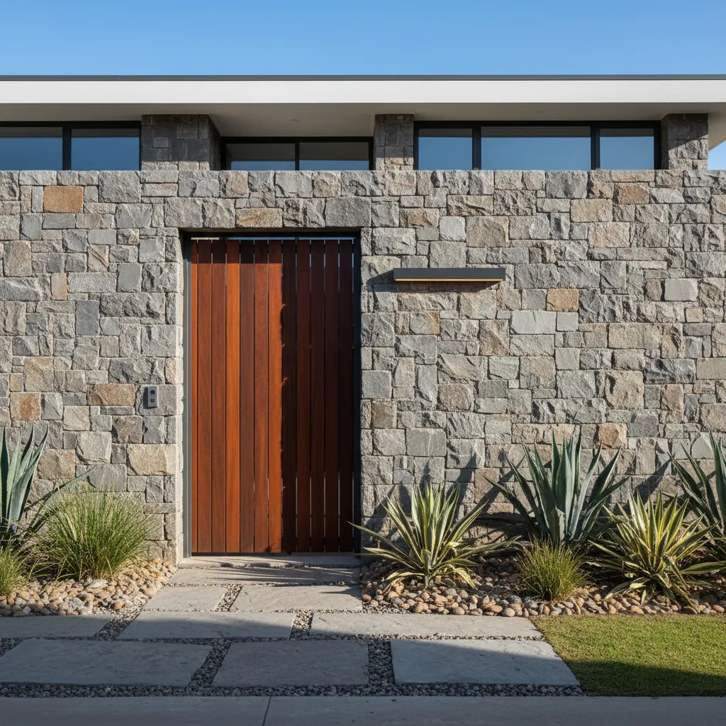 Muro frontal de piedra natural en una casa contemporánea