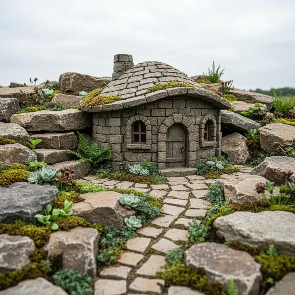 stone miniature gnome house placed among garden rocks