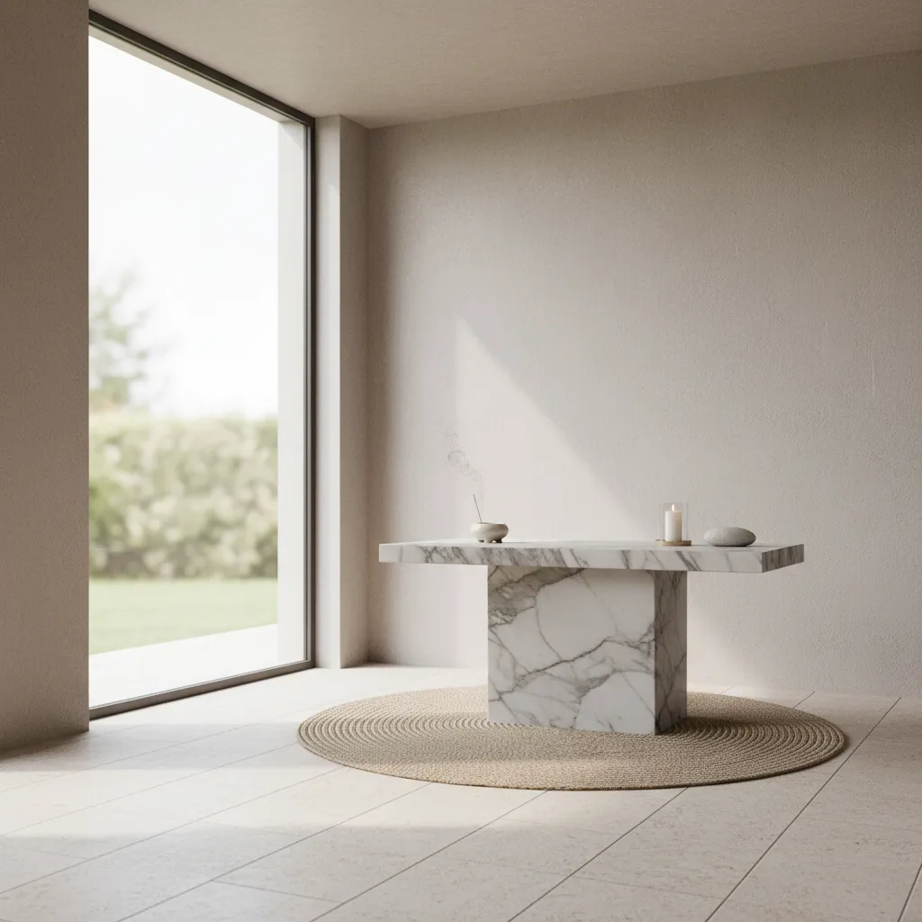 stone altar table with marble surface in a serene meditation room