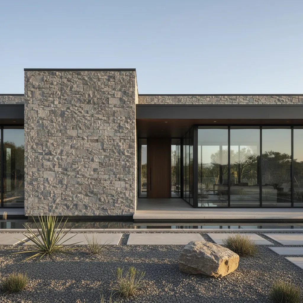 Modern house with a large stone wall glass windows and a gravel garden with plants