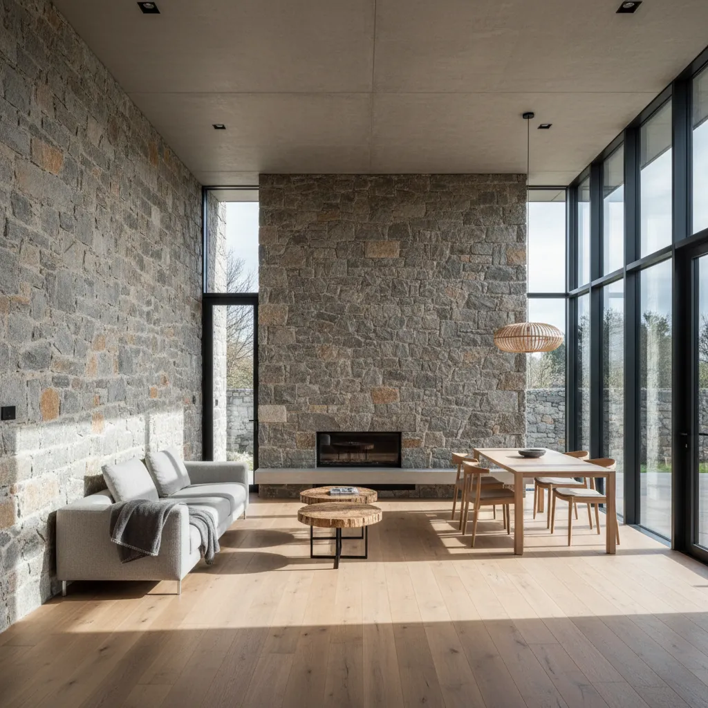 Interior luminoso de una casa de piedra con paredes claras y grandes ventanas