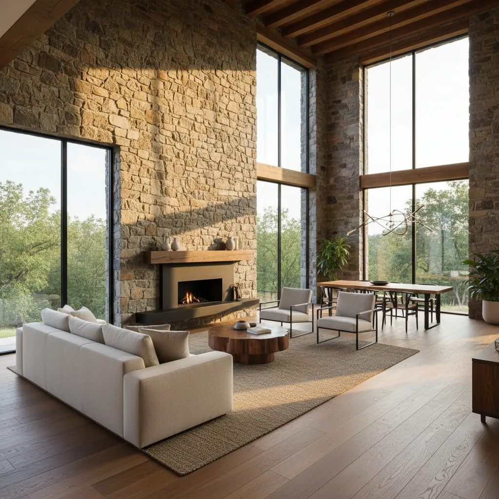 Interior de casa de piedra con salón abierto y grandes ventanales