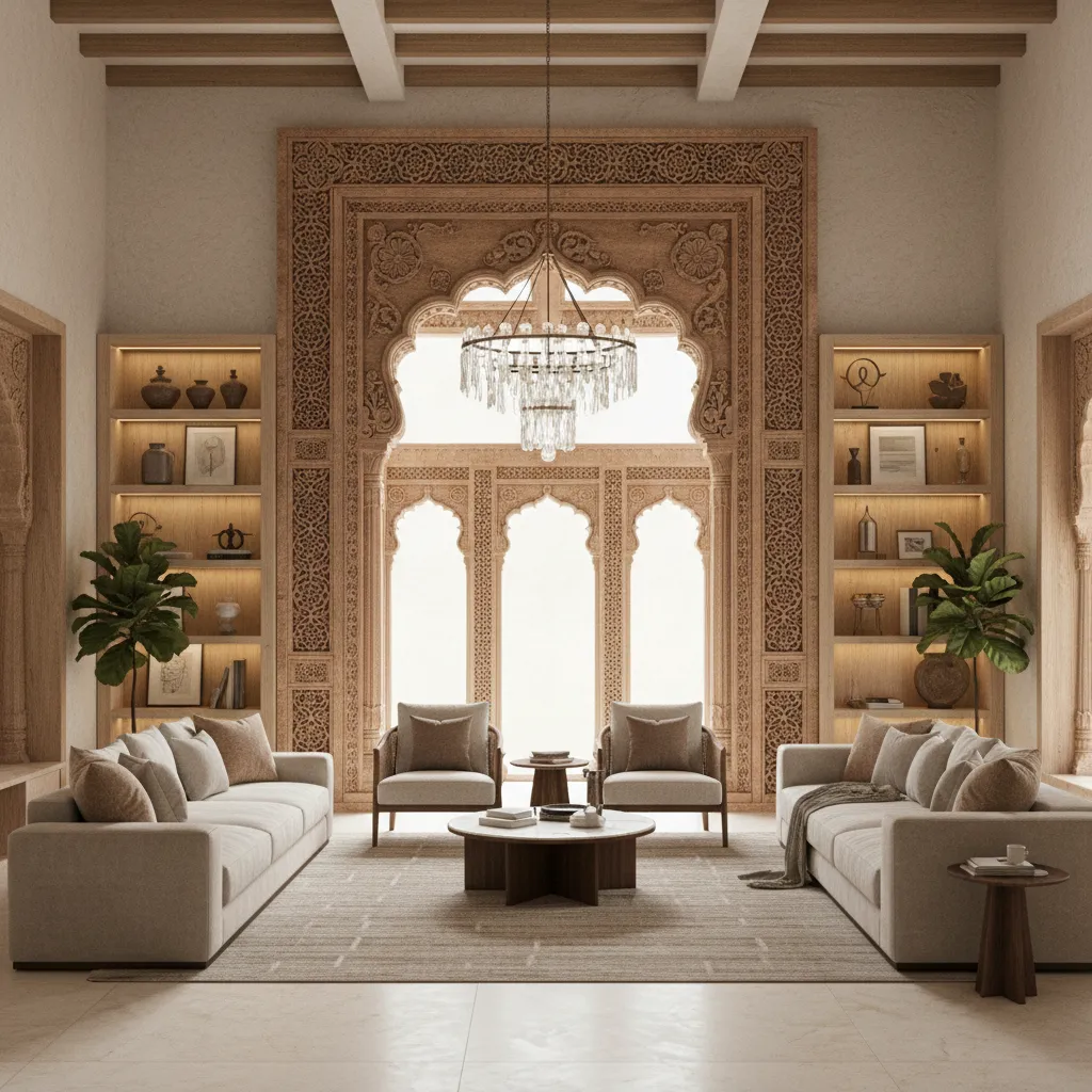Stone framed jharokha feature wall in luxury living room